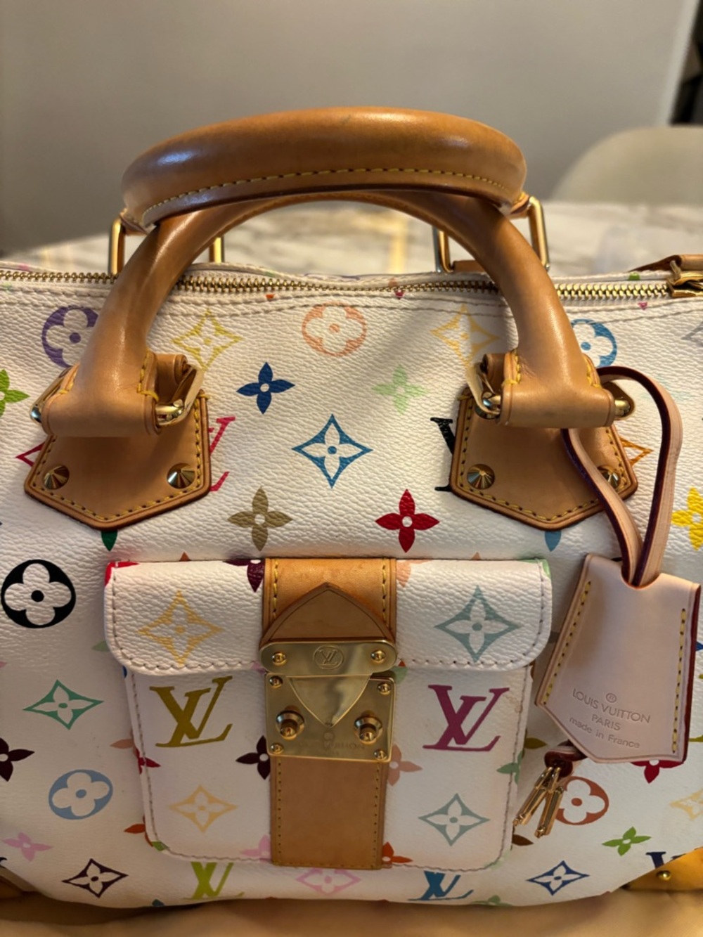 Louis Vuitton Multicolor Monogram White Canvas Satchel with Natural Leather Trim